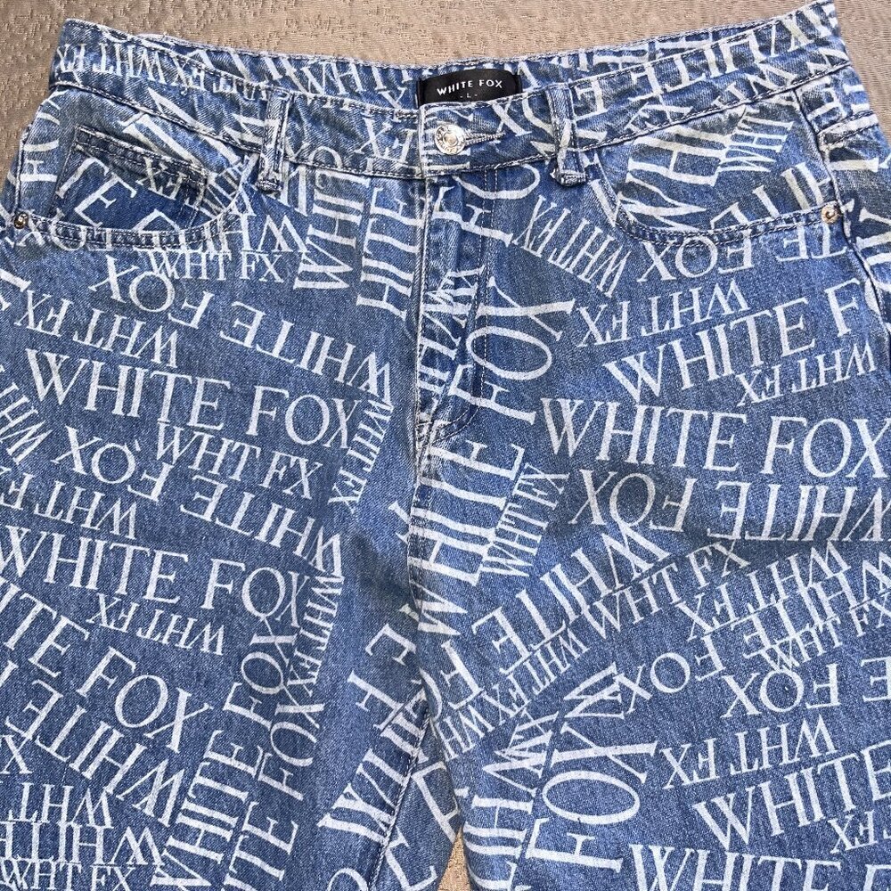 WHITE FOX BOUTIQUE ALL OVER SPELLOUT PRINT BAGGY JEANS HIGH WAIST WIDE LEG - L